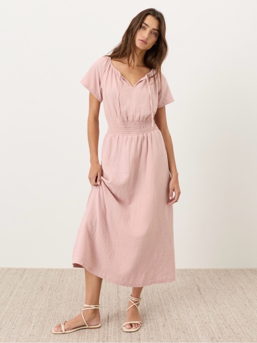 Pact Blush Pink 100% Organic Cotton Smocked-Waist Midi Dress